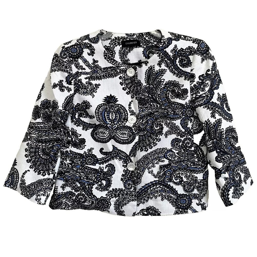 Talbots Paisley Cotton Blend Crop Jacket Blazer 6 Boxy Collarless Office